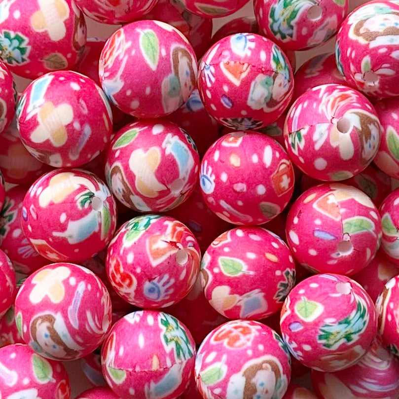 15mm Pink Nurse Print Round Silicone Beads