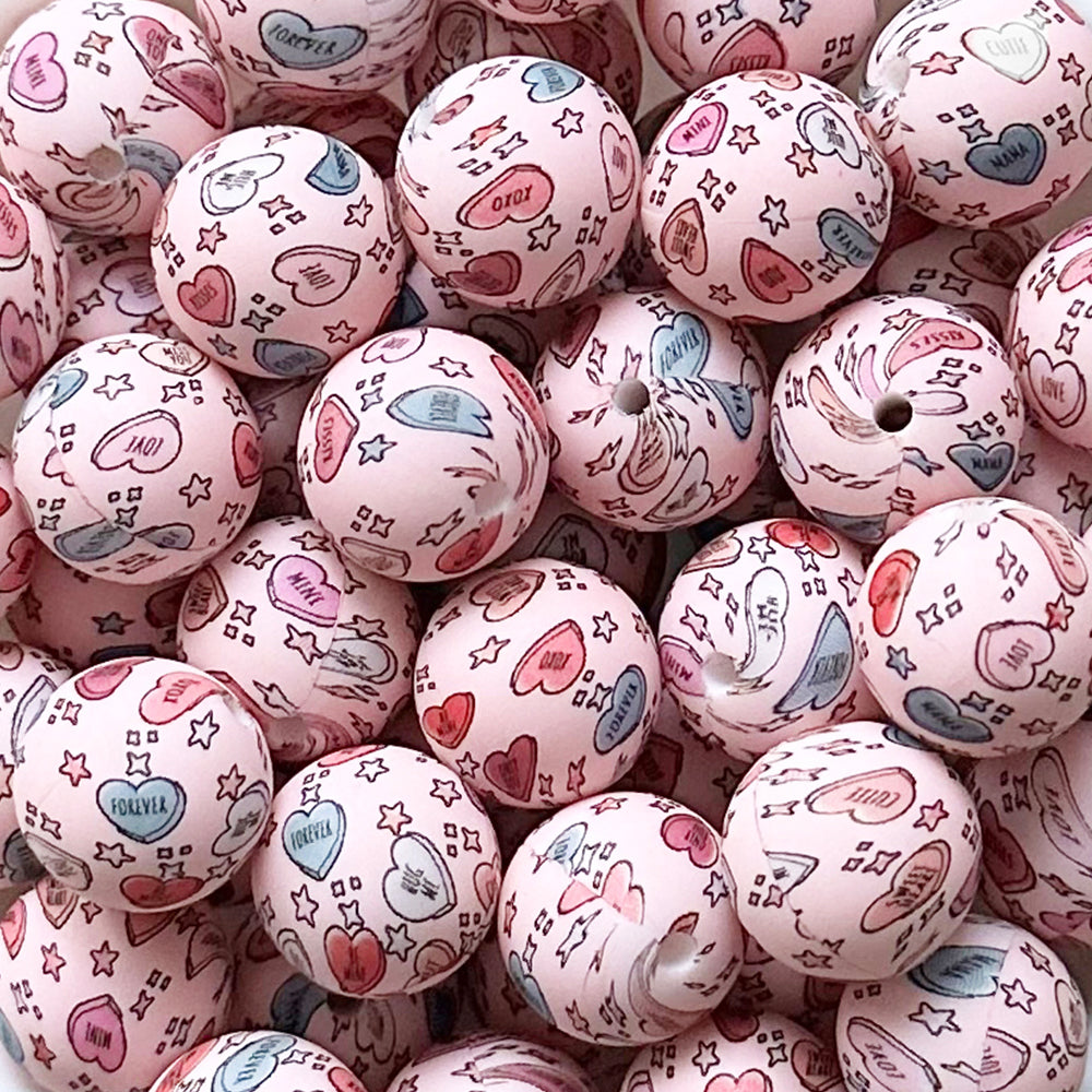 15mm Pink Star Love Print Round Silicone Beads