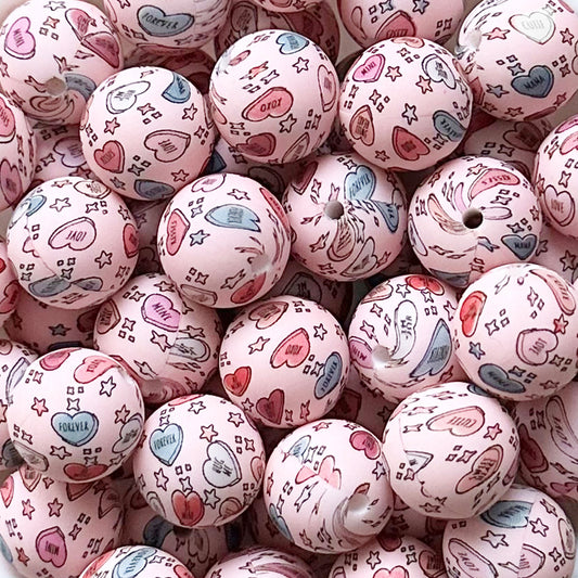 15mm Pink Star Love Print Round Silicone Beads