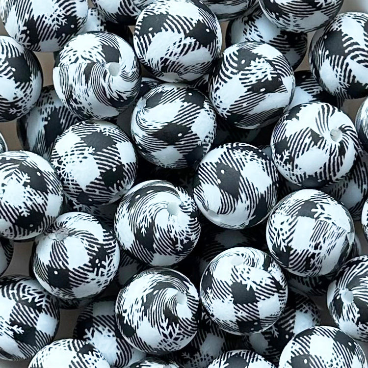 15mm Plaid Snowflake Print Round Silicone Beads