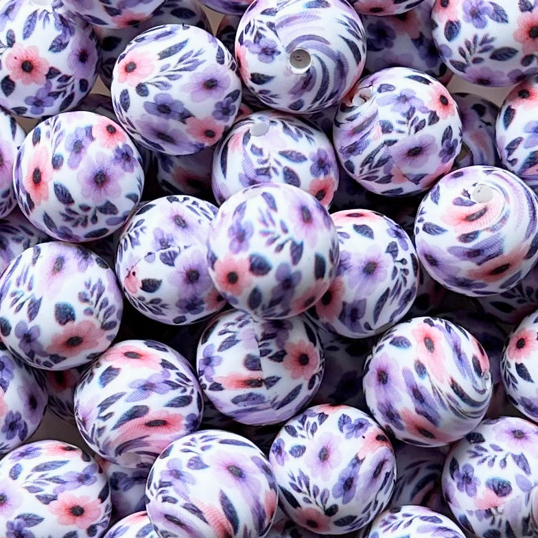 15mm Purple Pink Floral Print Round Silicone Beads