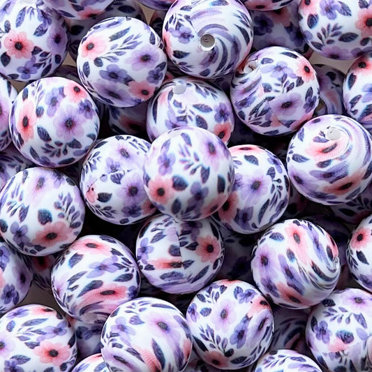 15mm Purple Pink Floral Print Round Silicone Beads