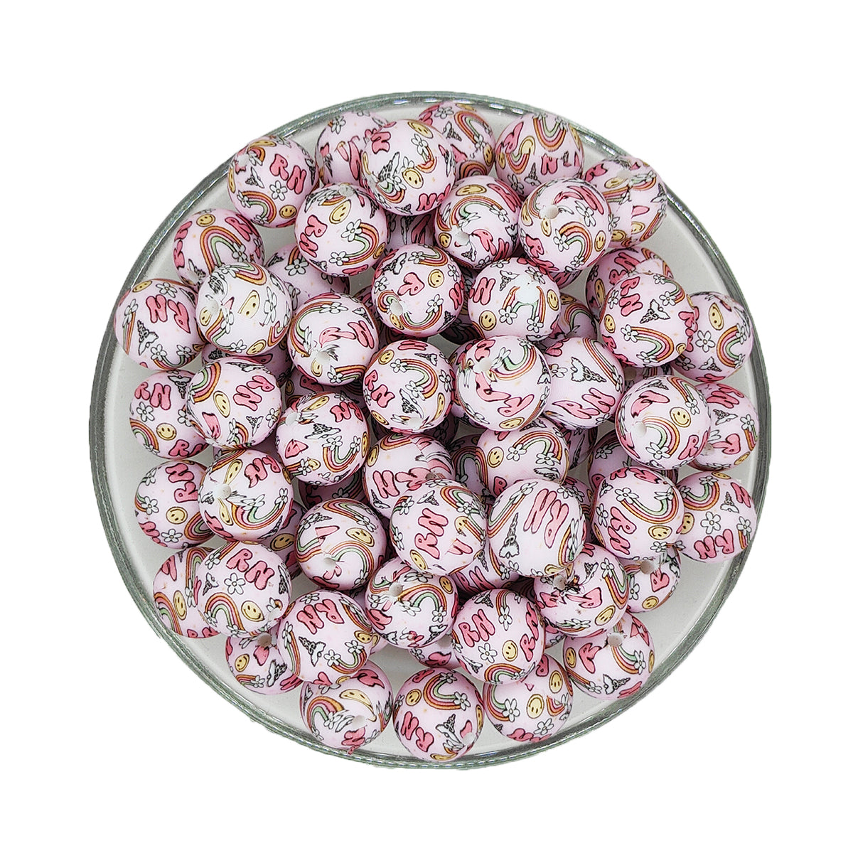 15mm Rainbow RN Print Round Silicone Beads
