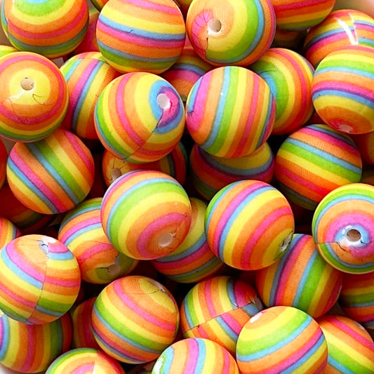 15mm Rainbow Stripe Print Round Silicone Beads