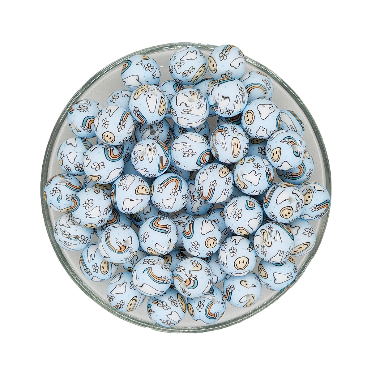 15mm Rainbow Teeth Print Round Silicone Beads