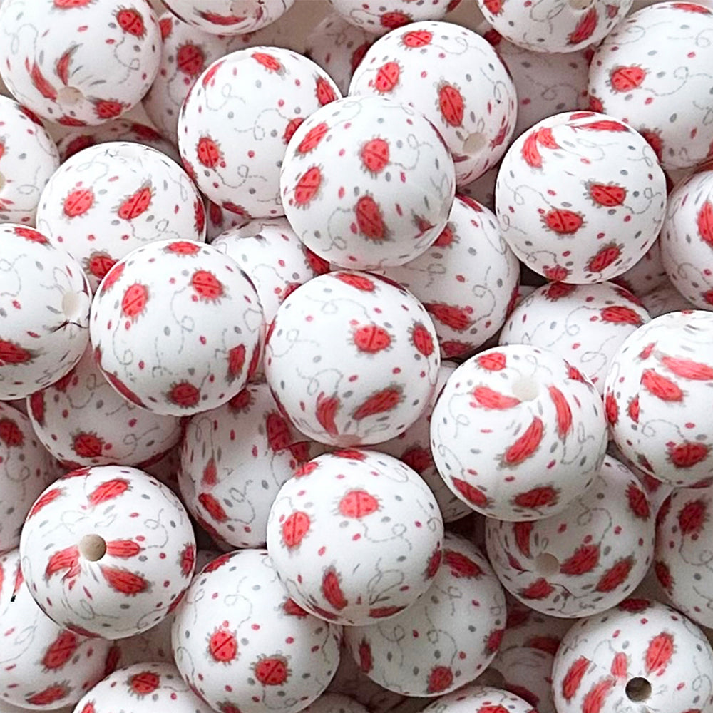 15mm Red Ladybug Print Round Silicone Beads