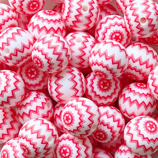 15mm Red Wavy Print Round Silicone Beads