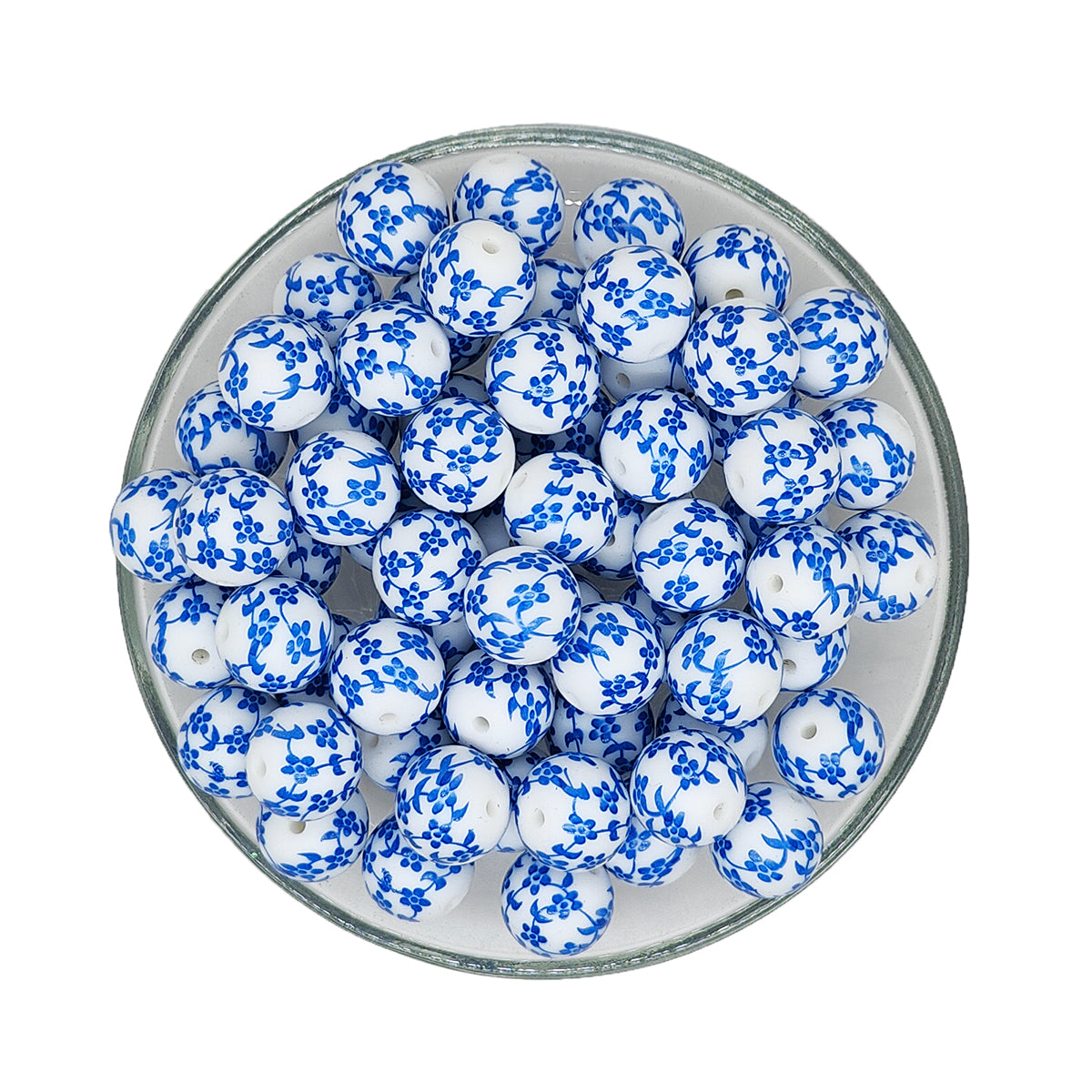 15mm Retro Floral Print Round Silicone Bead