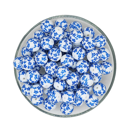 15mm Retro Floral Print Round Silicone Bead