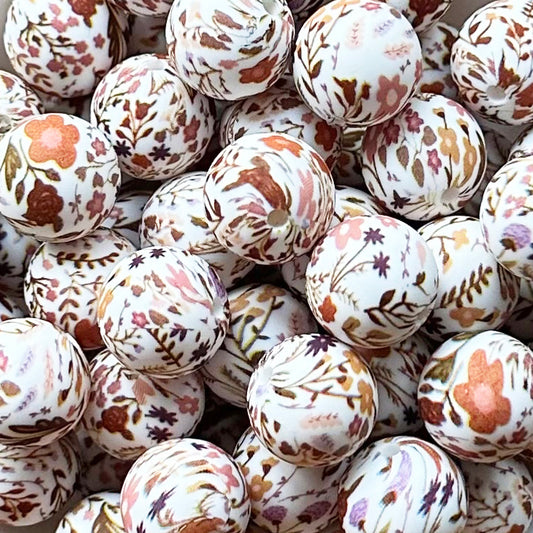 15mm Retro Wildflower Print Round Silicone Beads