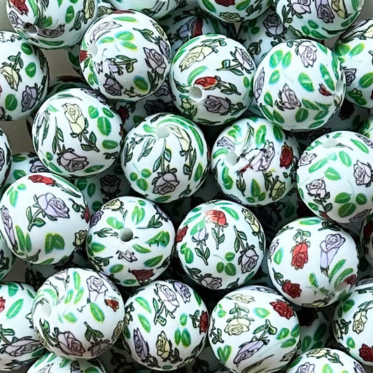 15mm Rose Leaf Print Round Silicone Beads