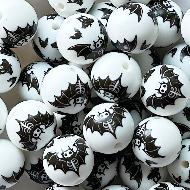15mm Skeleton Bat Print Round Silicone Beads