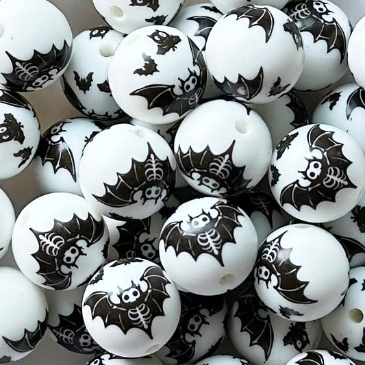 15mm Skeleton Bat Print Round Silicone Beads