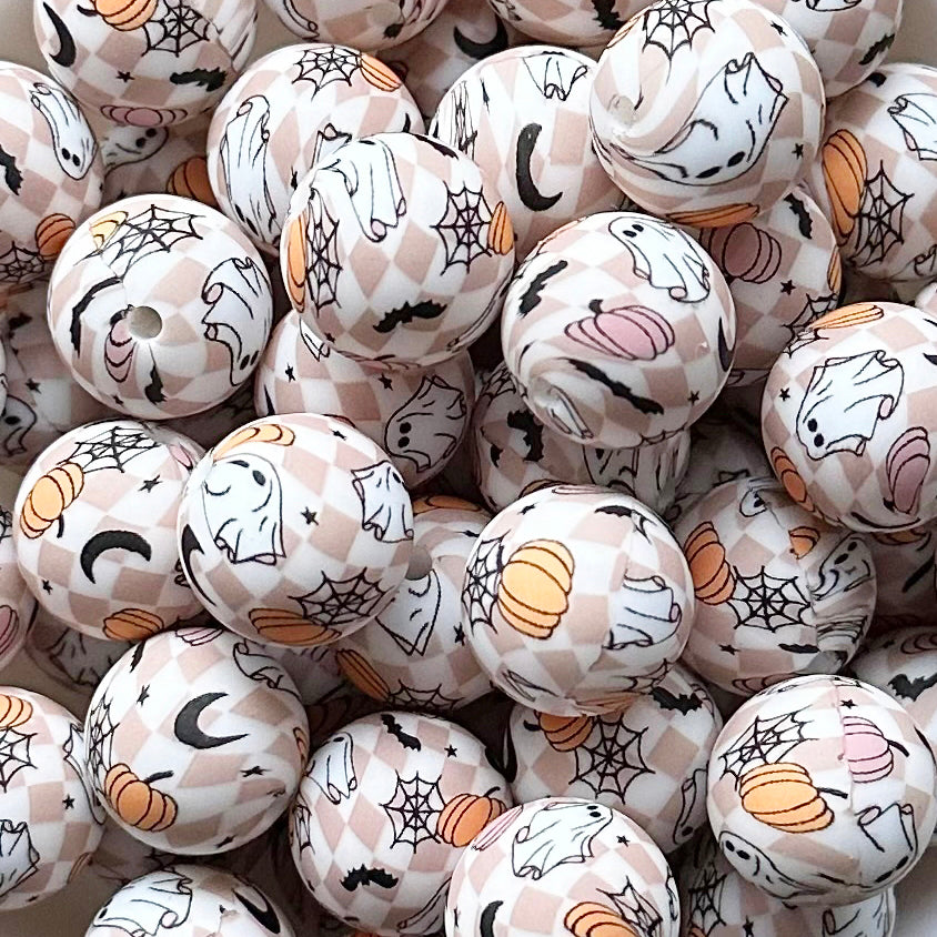 15mm Spooky Checked Print Round Silicone Beads
