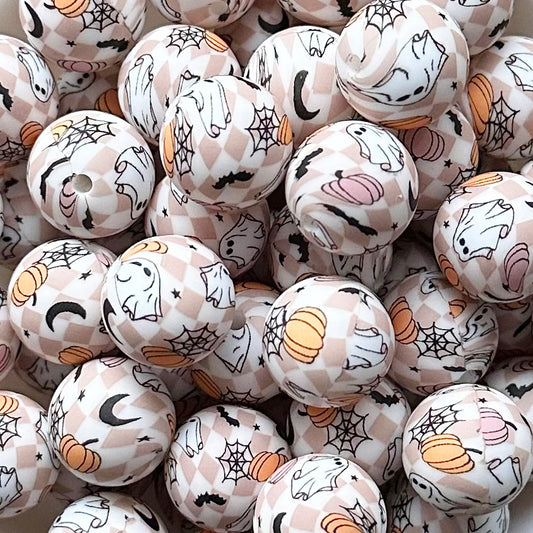15mm Spooky Checked Print Round Silicone Beads