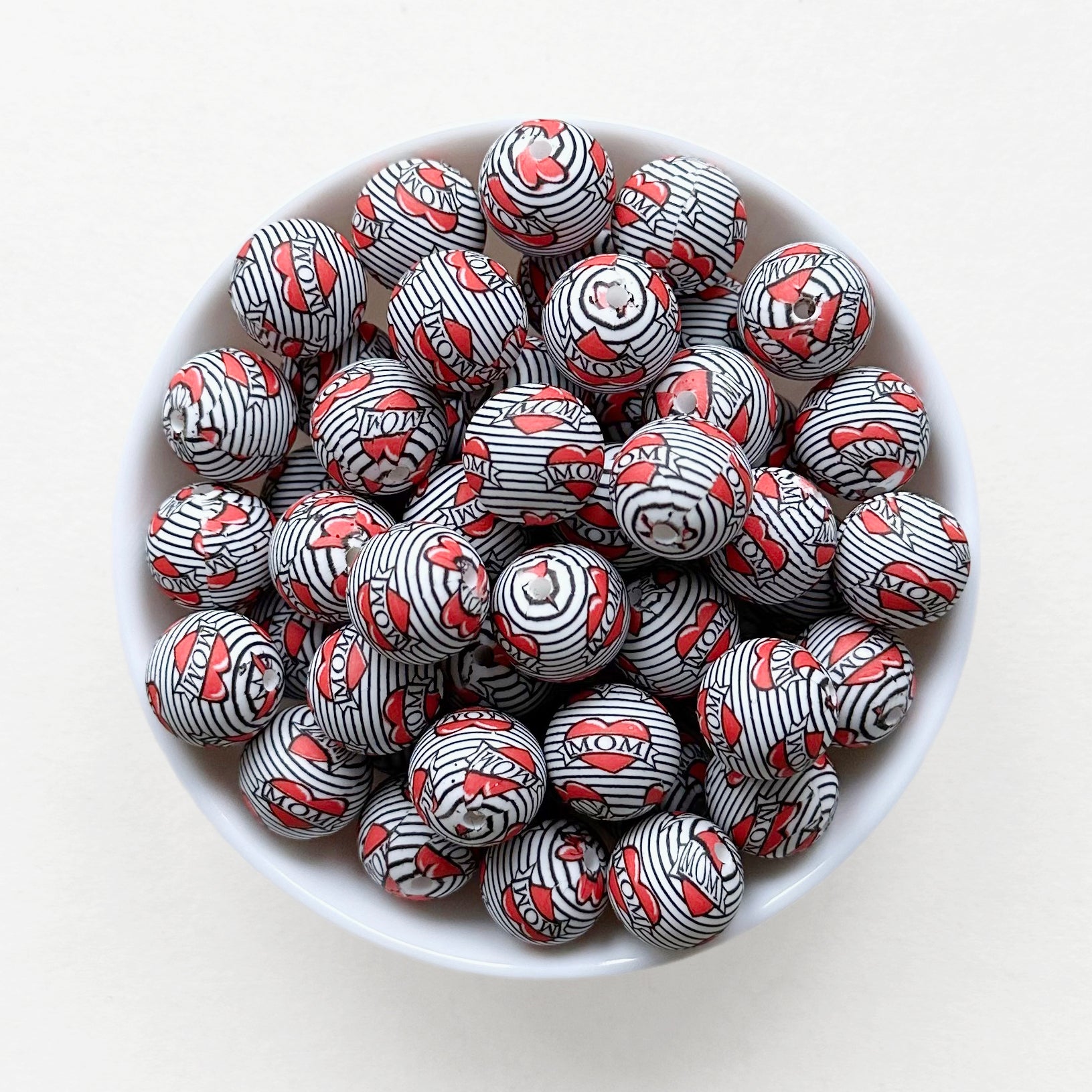 15mm Stripe Love Mom Print Round Silicone Beads