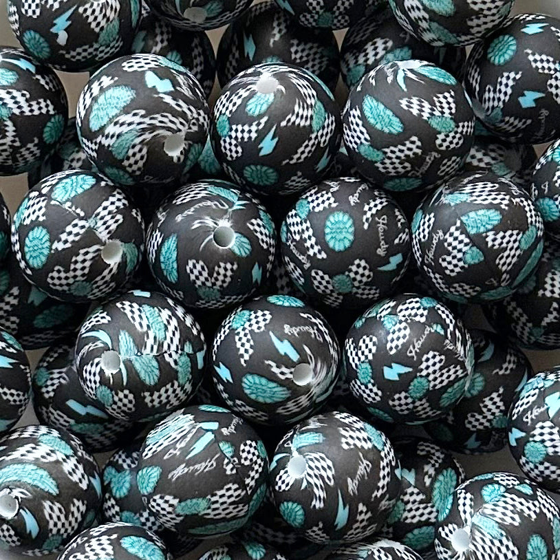 15mm Turquoise Bows Print Round Silicone Beads