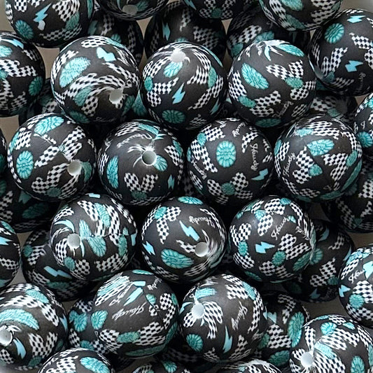 15mm Turquoise Bows Print Round Silicone Beads