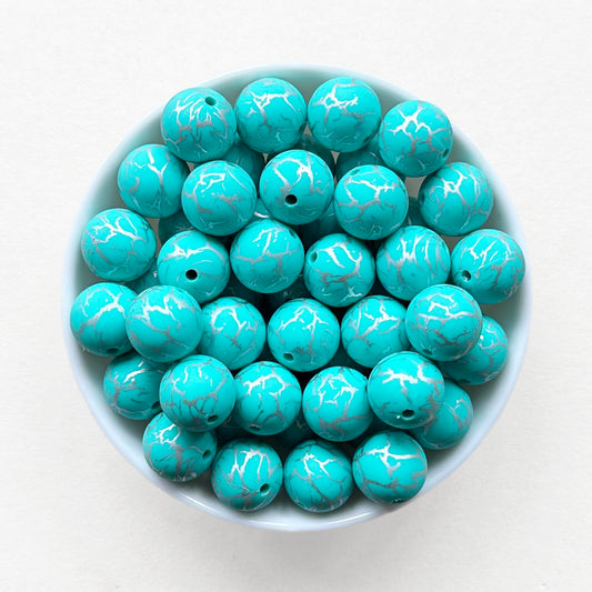 15mm Turquoise Shine Crack Print Round Silicone Bead