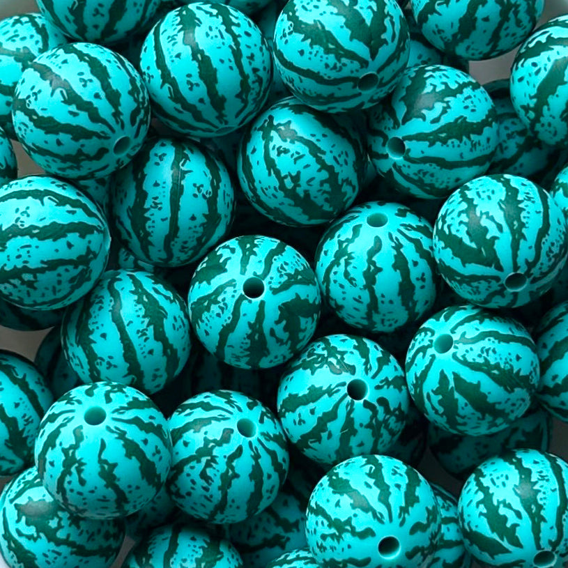 15mm Turquoise Watermelon Print Round Silicone Beads