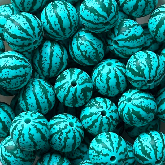 15mm Turquoise Watermelon Print Round Silicone Beads