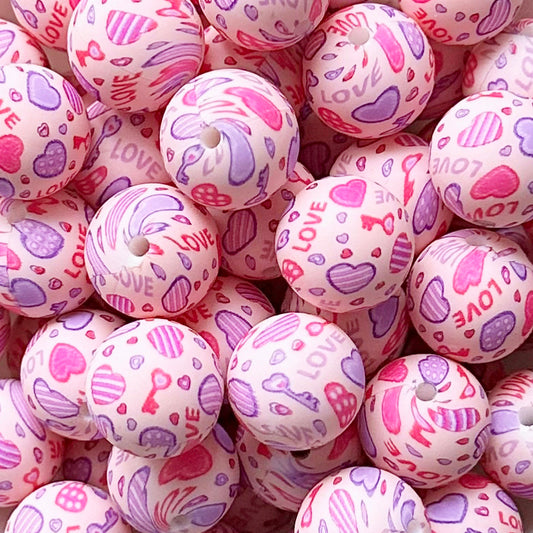 15mm Valentine Love Print Round Silicone Beads