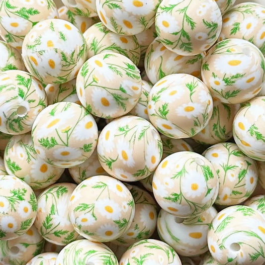 15mm White Daisy Print Round Silicone Beads