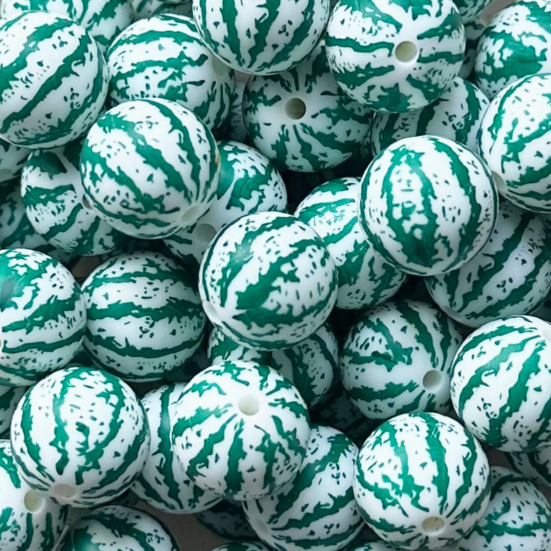 15mm White Watermelon Print Round Silicone Beads