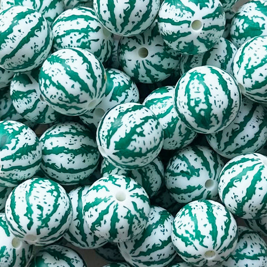 15mm White Watermelon Print Round Silicone Beads