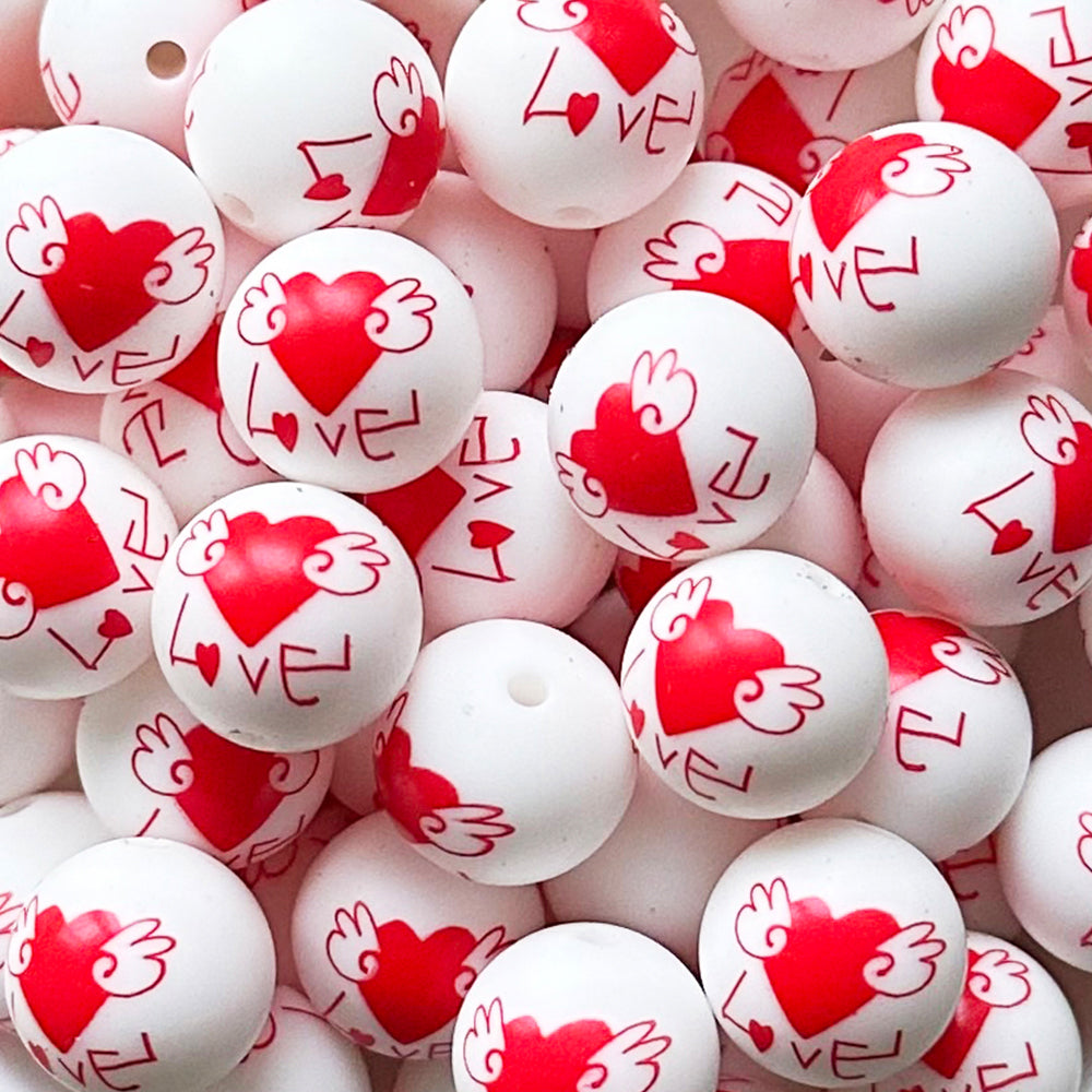 15mm Wing Love Print Round Silicone Beads
