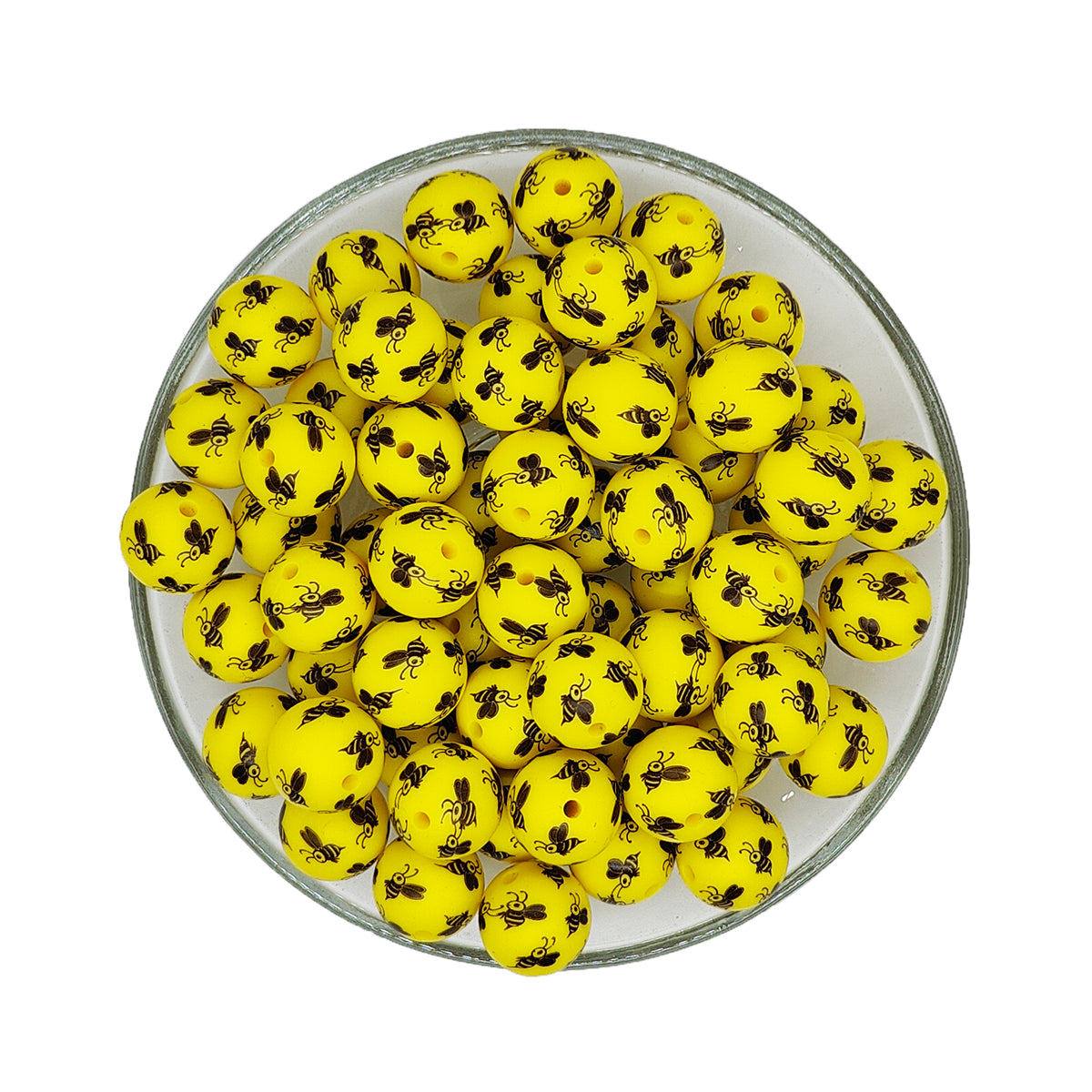 15mm Yellow Bee Print Round Silicone Bead