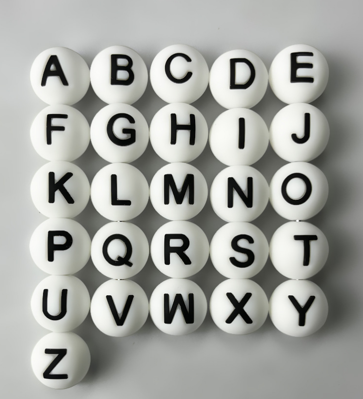 15mm Round Silicone Alphabet Letter Beads,Vertical hole