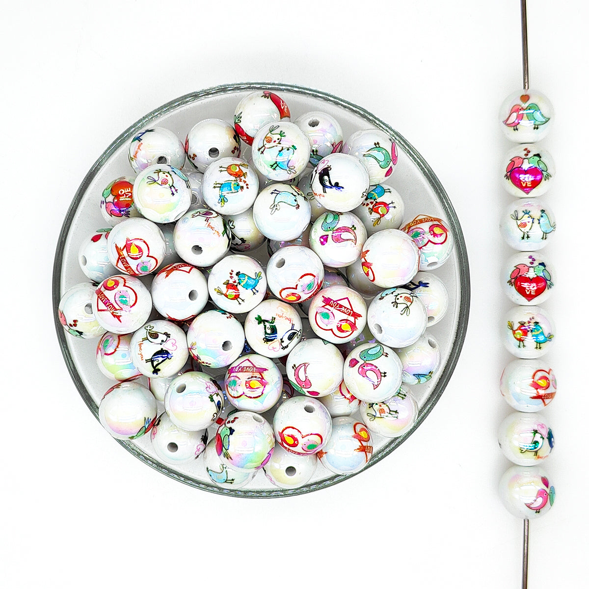 16mm Bird Love Print Assorted Acrylic Gumball Beads