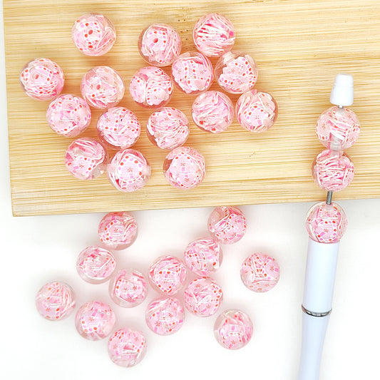 16mm Christmas Gumball Beads,Clear Acrylic with Pink House Clay Slices Beads