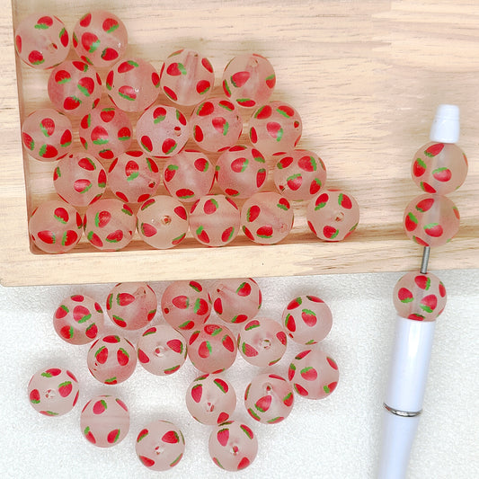 16mm Frosted Clear Fruit Print Acrylic Beads,Strawberry Gumball Beads