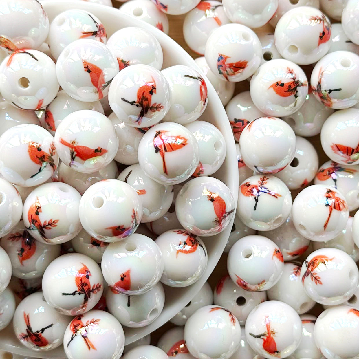 16mm Red Bird Print Acrylic Beads,Cardinal Beads