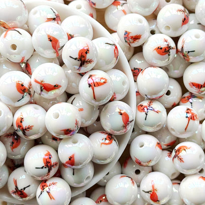 16mm Red Bird Print Acrylic Beads,Cardinal Beads