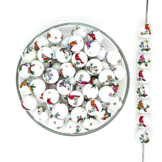 16mm Red Bird Print Assorted Acrylic Gumball Beads