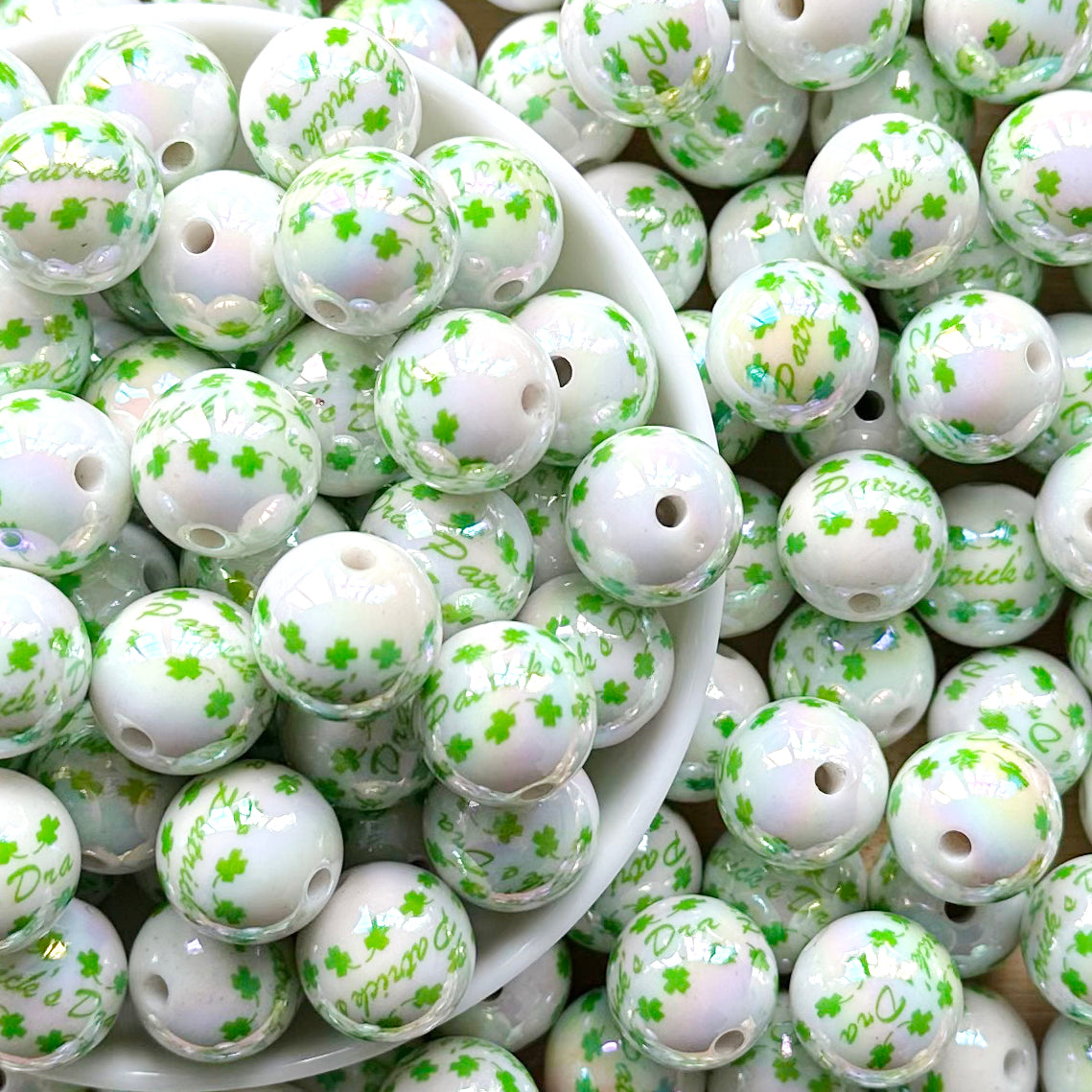 16mm St Patrick Print Acrylic Beads,Clover Beads,Gumball Bead
