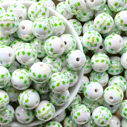 16mm St Patrick Print Acrylic Beads,Clover Beads,Gumball Bead