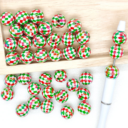 16mm UV Christmas Checked Print Acrylic Gumball Beads