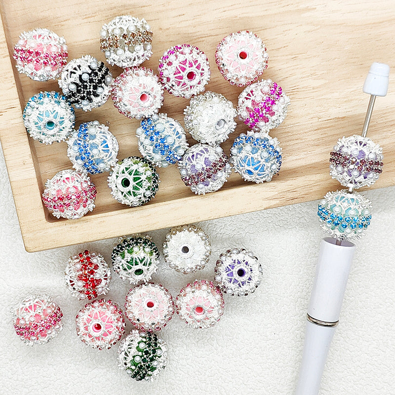 18mm Rhinestone Pearl Hollow Fancy Metal Beads