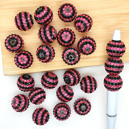 20mm Black Pink Striped Rhinestone Bubblegum Acrylic Beads