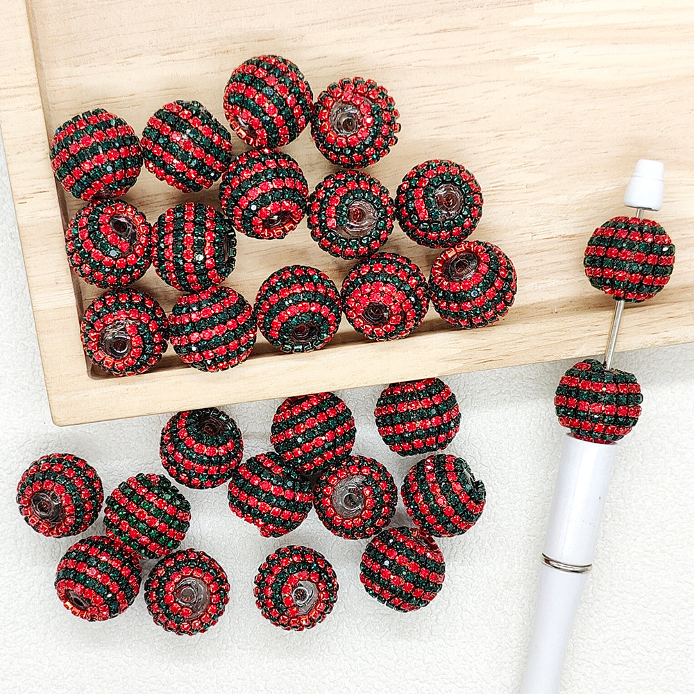 20mm Christmas Red Green Striped Rhinestone Covered Acrylic Beads