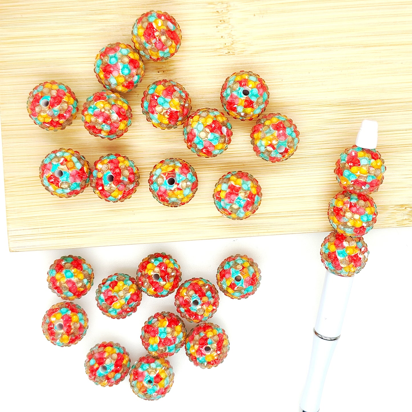 20mm Red Confetti Rhinestone Bubblegum Acrylic Beads