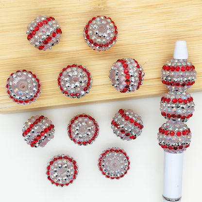 20mm Red Silver Striped Rhinestone Bubblegum Acrylic Beads