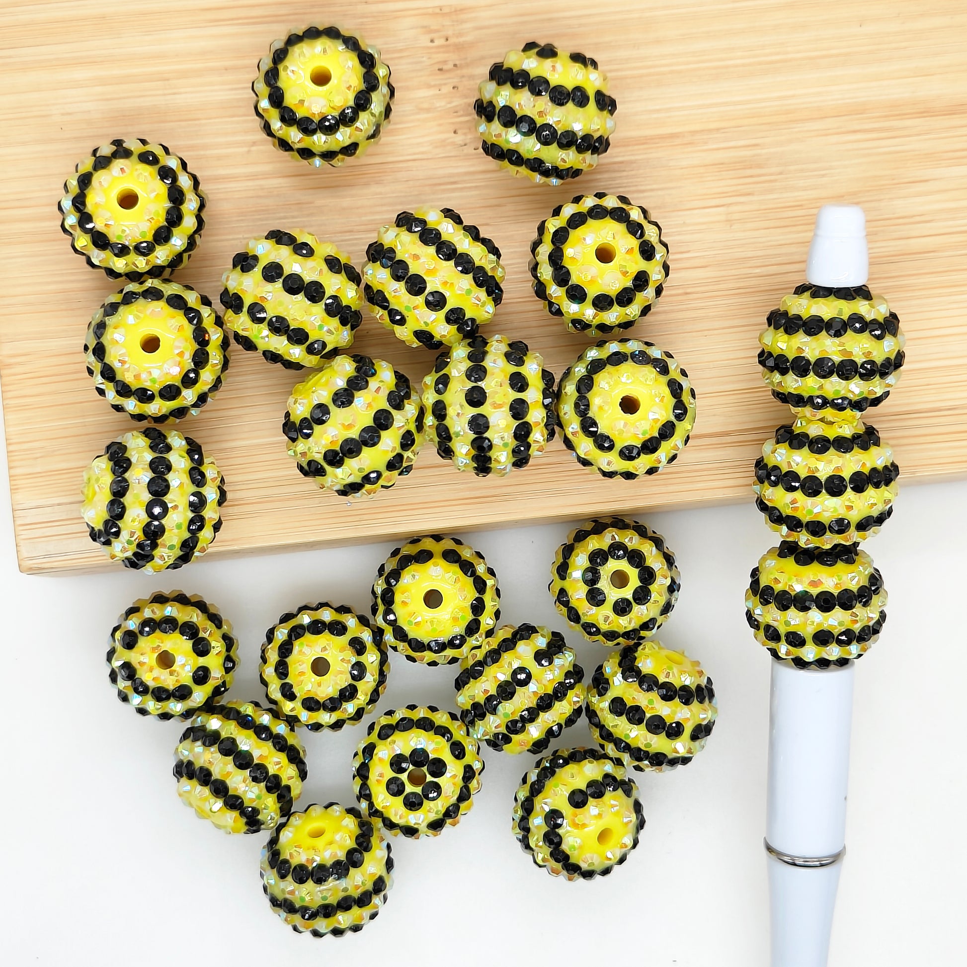 20mm Yellow Black Striped Rhinestone Bubblegum Acrylic Beads