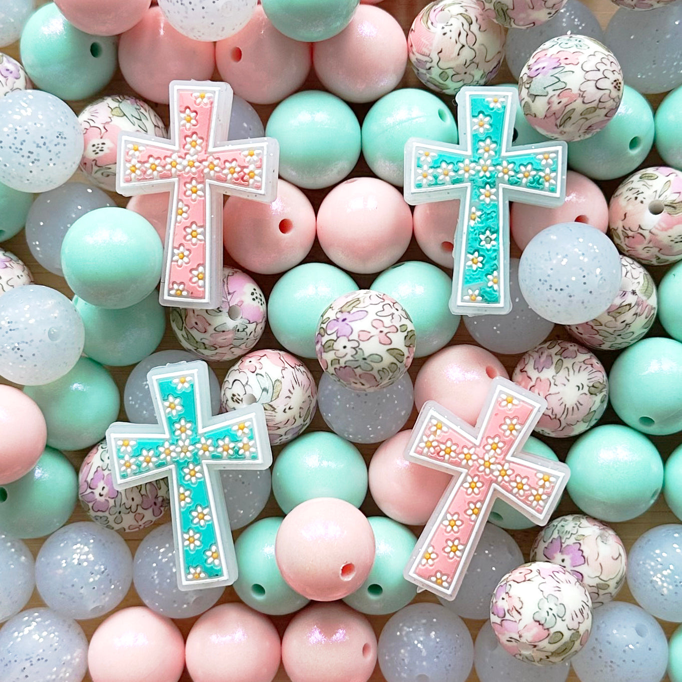 24Pcs Assorted Cross Beads,Floral Cross Focal Beads Mixed,15mm Silicone Beads