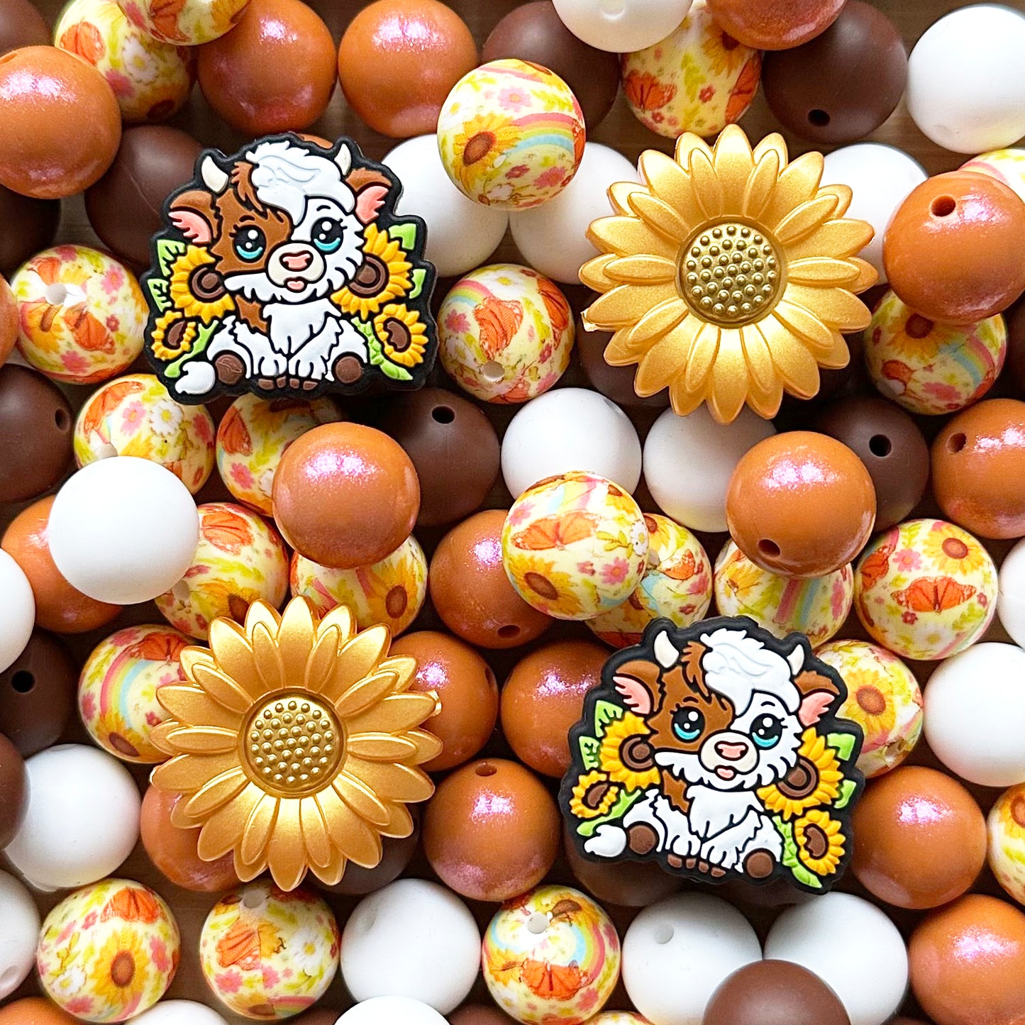 24Pcs Sunflower Cow Silicone Beads Assorted,Loose Mixed Bead