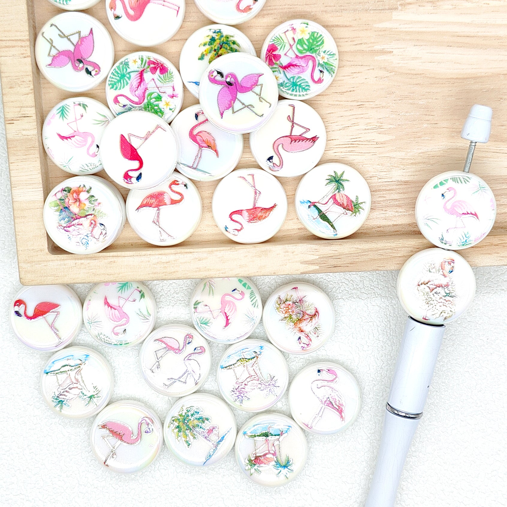 24mm Flamingo Print Flat Round Shape Acrylic Beads,Loose Beads